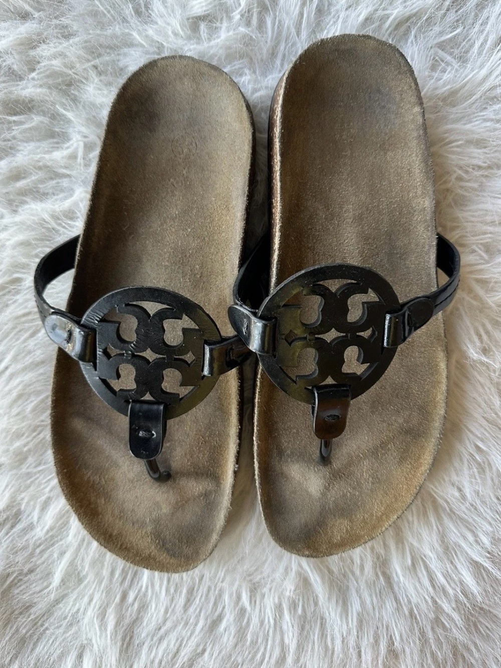 Tory Burch Miller Cloud Black Double T Logo Medallion Thong Sandals 8